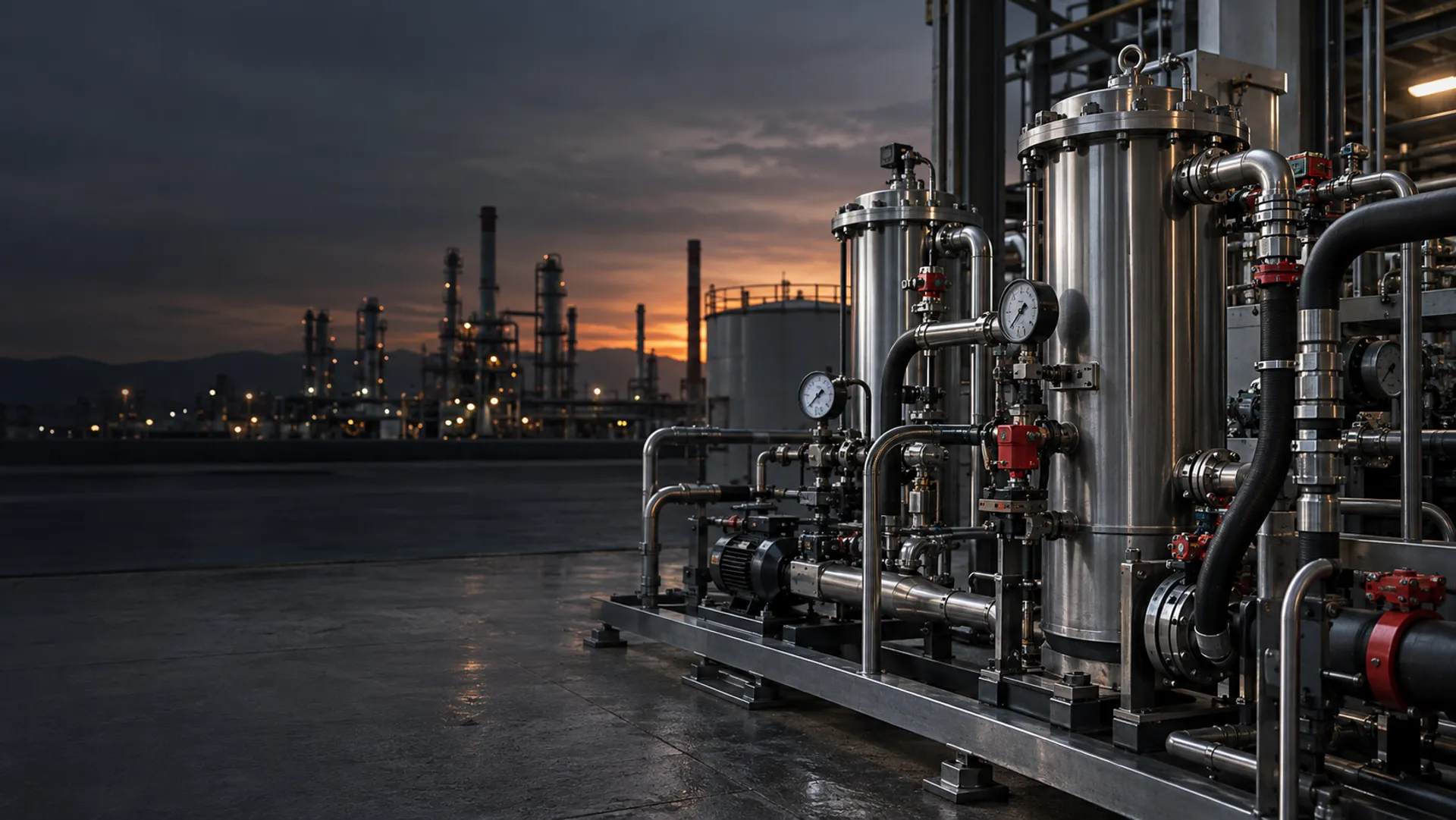 Unidade de filtragem de óleo em aço inox, com manômetros e válvulas, ao entardecer, tendo ao fundo uma planta industrial iluminada.