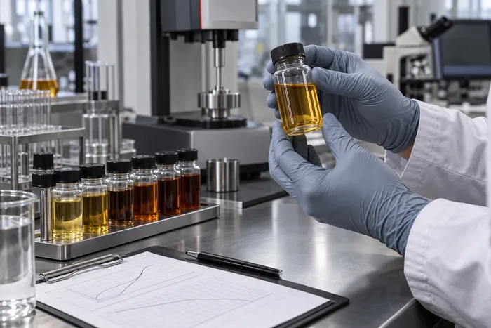 Técnico de jaleco e luvas examinando um frasco de óleo em laboratório, com amostras de diferentes tonalidades e um gráfico de análise sobre a bancada.