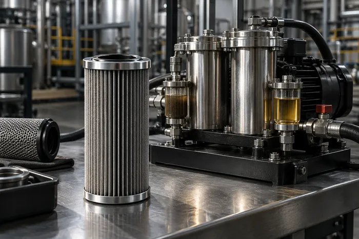 Elemento filtrante cilíndrico sobre bancada de inox, ao lado de uma unidade de filtragem com visores de óleo.
