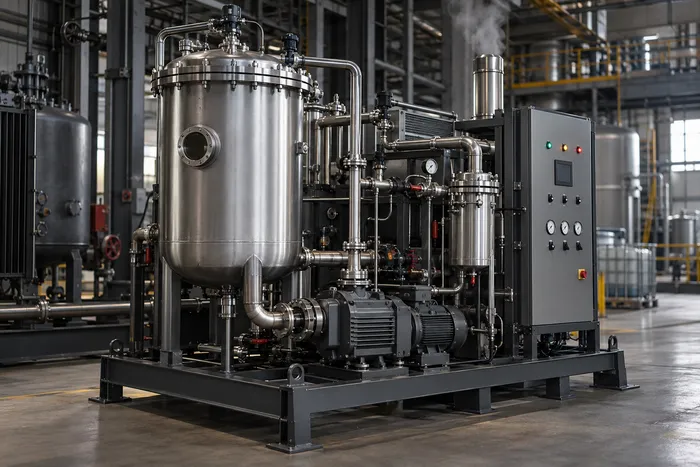 Equipamento de termovácuo montado em skid, com tanque de aço inox, bombas e painel de controle, dentro de uma planta industrial.